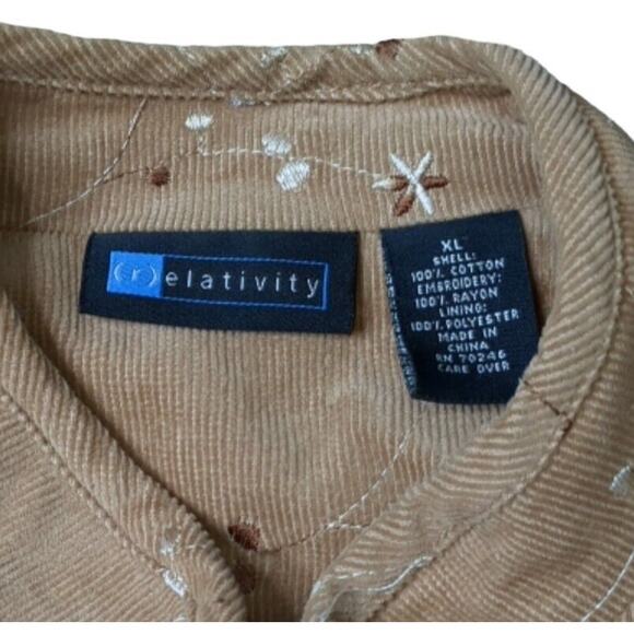 Relativity Corduroy Camel Brown Jacket Size XL Pockets Lined Zip Embroidered - Picture 3 of 5